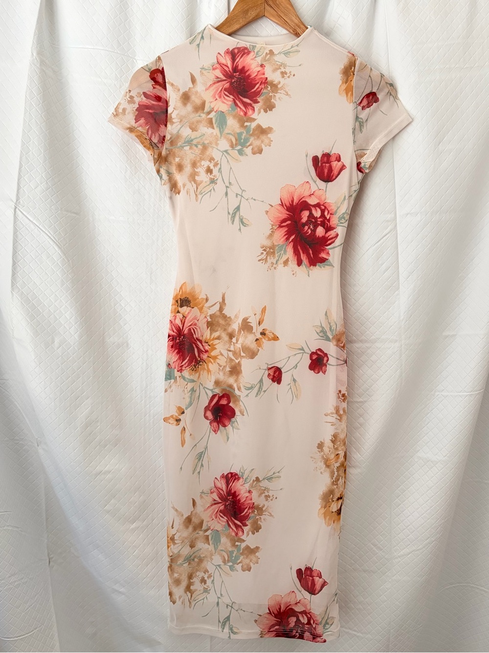 Chocolate Blush Pink Floral Midi Dress with Red Blooms